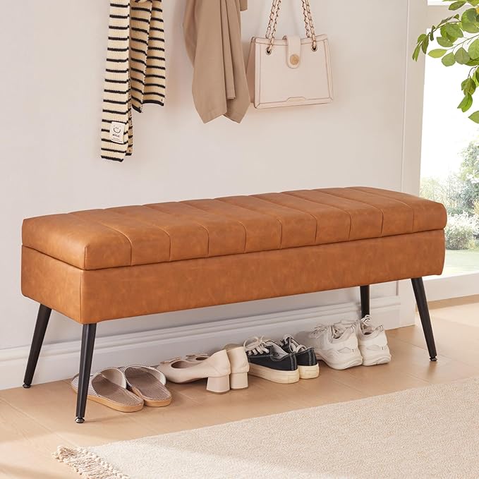 CUYOCA Storage Ottoman Bench, 43.5" Faux Leather Upholstered Entryway Bench, Long Ottoman with Storage for Living Room, Support 660lbs - Cognac Brown
