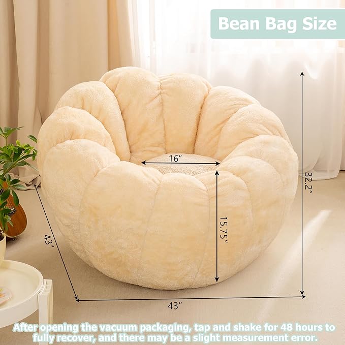 Pumpkin Bean Bag Sofa Chair for Adult, Beanbag Couch with Filler for Reading and Relaxation, Comfy and Lazy Sofa for Dorm, Apartment, Living Room and Bedroom, Ivory