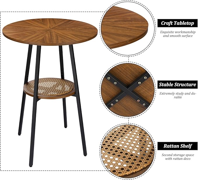ZYBT Boho Bar Height Table - Rattan Storage Shelf, High Top & Counter Height Dining Table