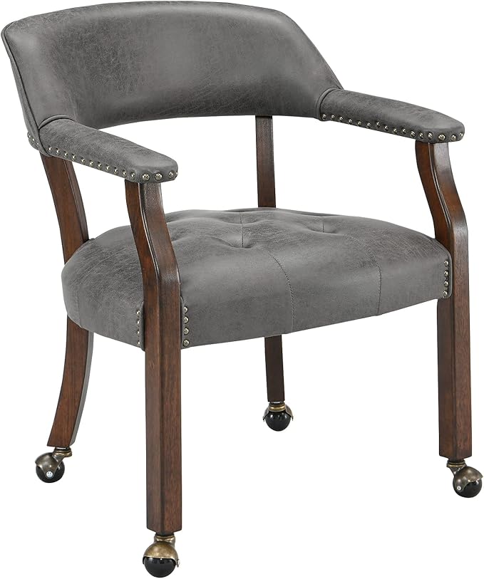 LEEMTORIG Large Dining Chairs with Casters and Arms, Rolling Dining Chairs with Wheels, Accent Wood Boss Caption's Chairs, 26" D x 25.2" W x 31.5" H, Cherry Legs & Dark Grey Fabric SY-1533-GY
