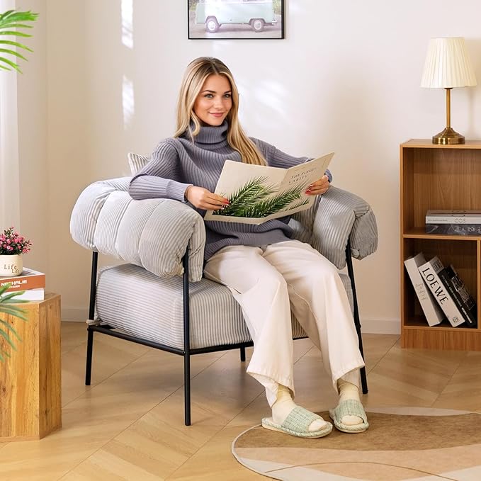HollyHOME Modern Velvet Accent Chair, Upholstered Comfy Reading Chair, Fabric Large Lazy Arm Chair with Soft Cushion, Metal Frame Lounge Sofa Chair for Living Room, Bedroom, Balcony, Grey