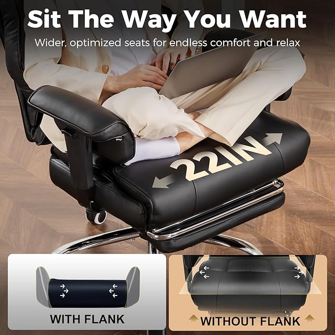 COMHOMA Big and Tall Office Chair 400lbs High Back Computer Gaming Chair with Ergonomic Lumbar Support & Pocket Spring Cushion for Lower Back Pain Relief, Leather Executive Chair with Foot Rest, Black