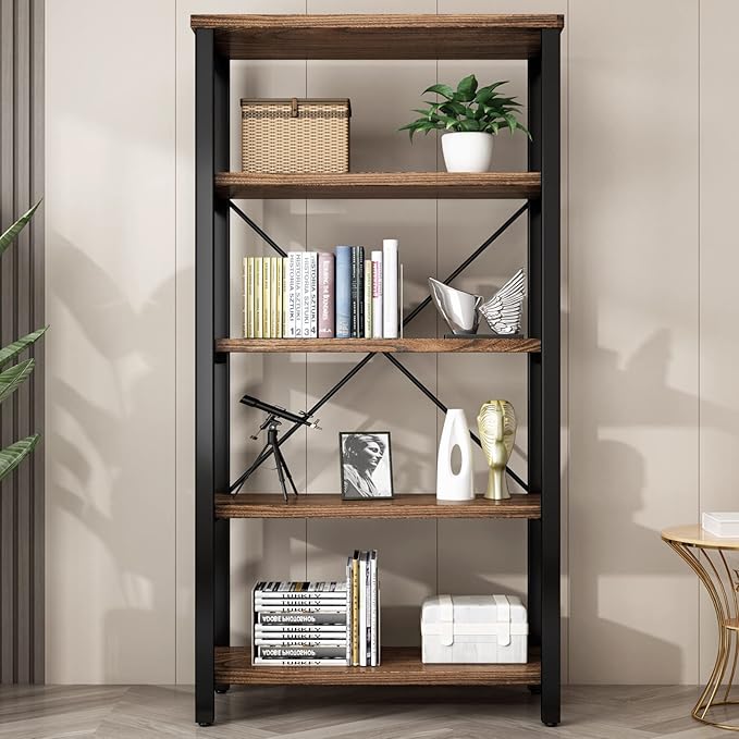 5 Tier Industrial Solid Wood Bookshelf, Open Etagere Bookcase with Metal Frame, Vintage Industrial Style Bookcase/Metal and Wood Bookshelf Furniture (AY01-5tier)
