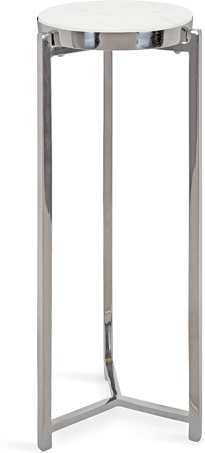 Kate and Laurel Aguilar Glam Round Drink Table, 8 x 8 x 23, Silver and White, Small Accent Table for Use as Plant Pedestal Stand with Marble Tabletop