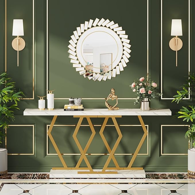 Tribesigns 70.9 Inch Extra Long Sofa Table， White and Gold Console Table with Faux Marble Tabletop, Modern Long Entryway Table with Gold Frame
