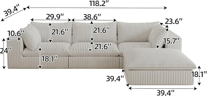 118.2" L Shaped Modular Sectional Cloud Couch with Ottoman, Plush Corduroy Upholstered Compression Sofa, 4-Seat Deep Seat Boneless Sofa Couches with Throw Pillow