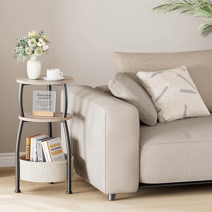 Round Side Table with Storage Basket –Small Space Saving End Table 3-Tier Coffee Table Bedside Corner Stand for Living Room, Bedroom, Garden and More 24in Tall Greige