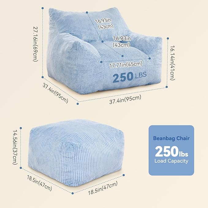 INMOZATA Bean Bag Chair for Adults, 3FT Beanbag Chairs with Ottoman Pre-Filled Fluffy Lazy Chair Corded Fabric Accent Chair for Bedroom Living Room Dorm (Light Blue)