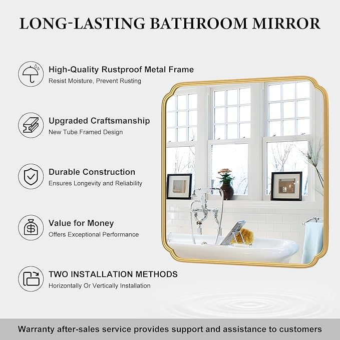 Gold Bathroom Mirror for Wall 36" x 36" Square Bathroom Vanity Mirror Farmhouse, Large Rounded Rectangle Mirror, Anti-Rust, Tempered Glass, Hangs Horizontally or Vertically