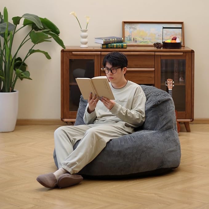 N&V Large Crescent Bean Bag Chair, Adult Size Bean Bag Sack, Foam Filling, Soft Premium Corduroy Bean Bag for Living Room Bedroom Dorm and Office (Frost Gray)