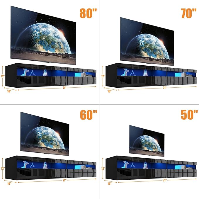 Floating TV Stand with Led Lights, 71 inch Wall Mounted TV Shelf with Power Outlet, Modern Entertainment Center Media Console with Storage Cabinet, Up to 80 Inch TVS, Black