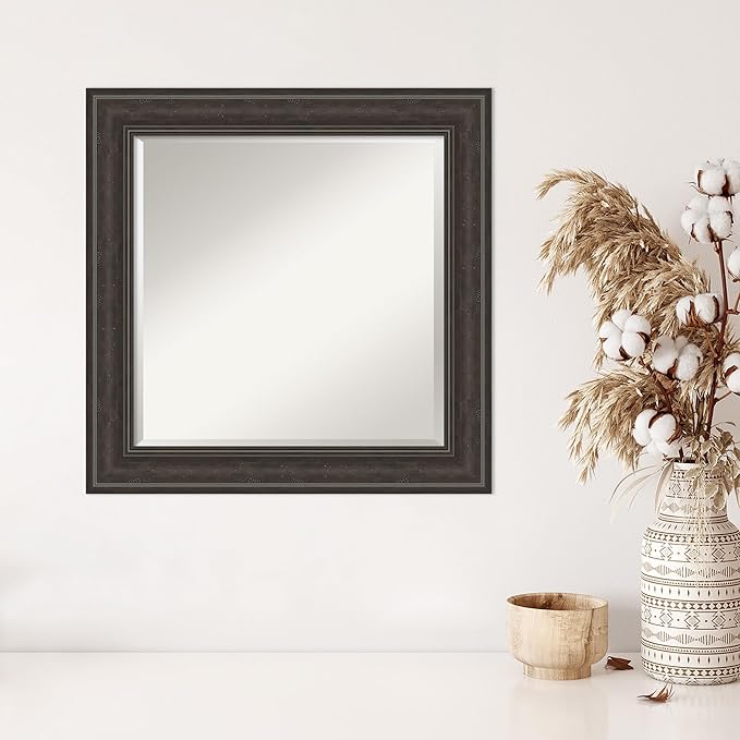 Amanti Art Brown Wall Mirror 26x26 Shipwreck Greywash Square Bathroom Mirror for Wall Decor Living Room, Medium Traditional Frame, Hangs Horizonally and Vertically, Bathroom Decor, Beveled Edge