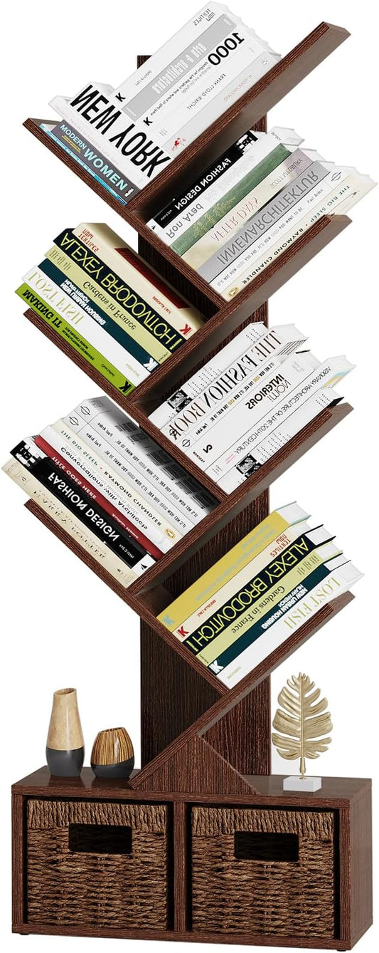 Vagusicc Tree Bookshelf, 6 Tier Bookshelf with Storage, Tall Narrow Bookcase, Rustic Wood Book Storage Rack for CDs/Books, Small Book Organizer Shelves for Bedroom Living Room, Home Office, Brown