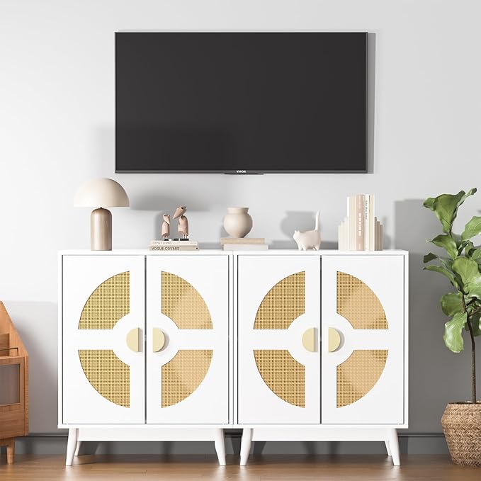 Buffet Cabinet White with Storage, Kitchen Sideboard with Doors & Shelves, Rattan Accent Buffet Console Walnut Media Console Mid Century Coffee Bar Table for Living Room Kitchen Dining Room