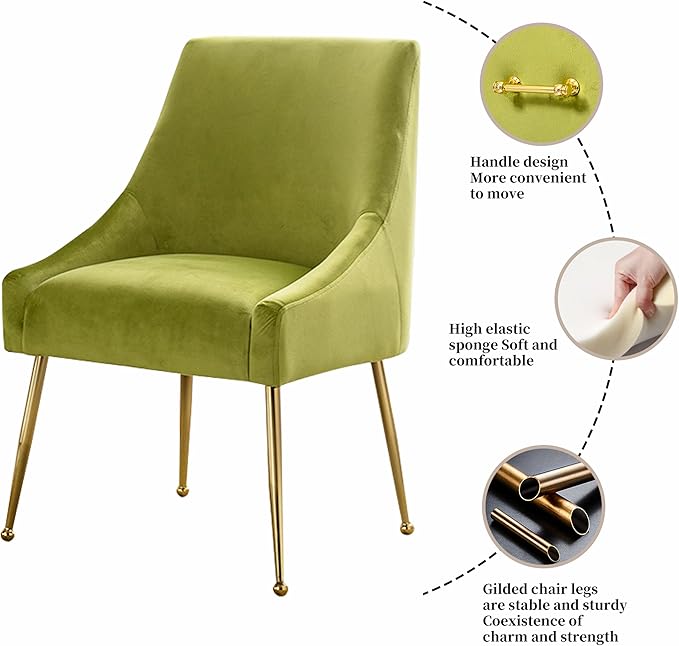 Modern Velvet Dining Chairs Set of 2, Contemporary Upholstered Furniture Collection with Polished Gold Metal Legs, Elegant Accent Chairs for Kitchen Living Room(Yellow Green)