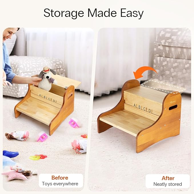 StrongTek Toddler Step Stool with 28 Alphabet Blocks – 2-Step Wooden Stool with Storage, Non-Slip, DIY Name & Drawing on Block Backs for Kids, Ideal for Bathroom, Kitchen & Bedside