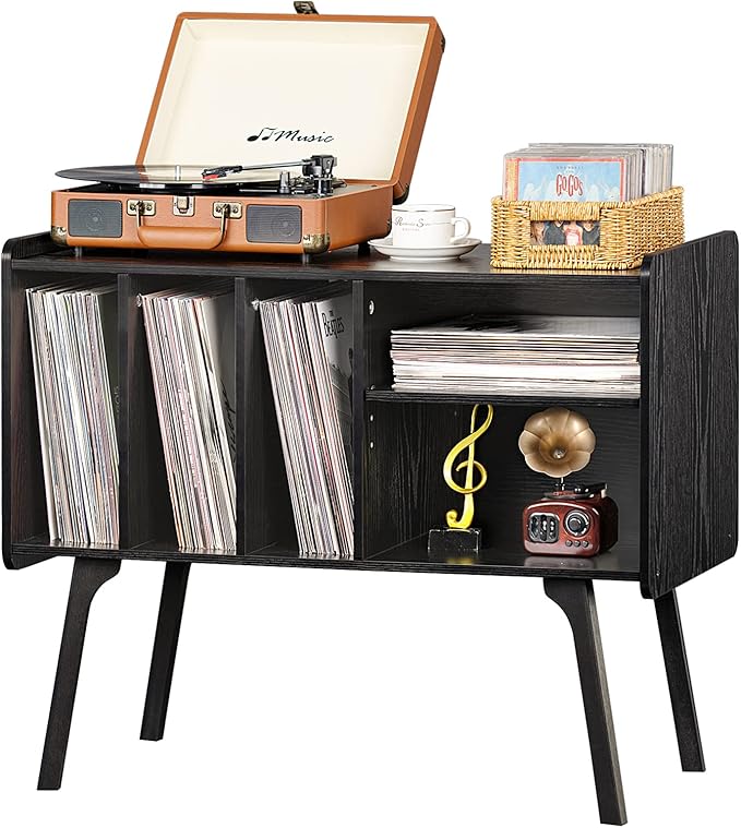 Lerliuo Record Player Stand with 4 Cabinet Holds Up to 220 Albums, Large Turntable Stand with Beech Wood Legs, Mid-Century Record Player Table,Black Vinyl Holder Storage Shelf for Bedroom Living Room