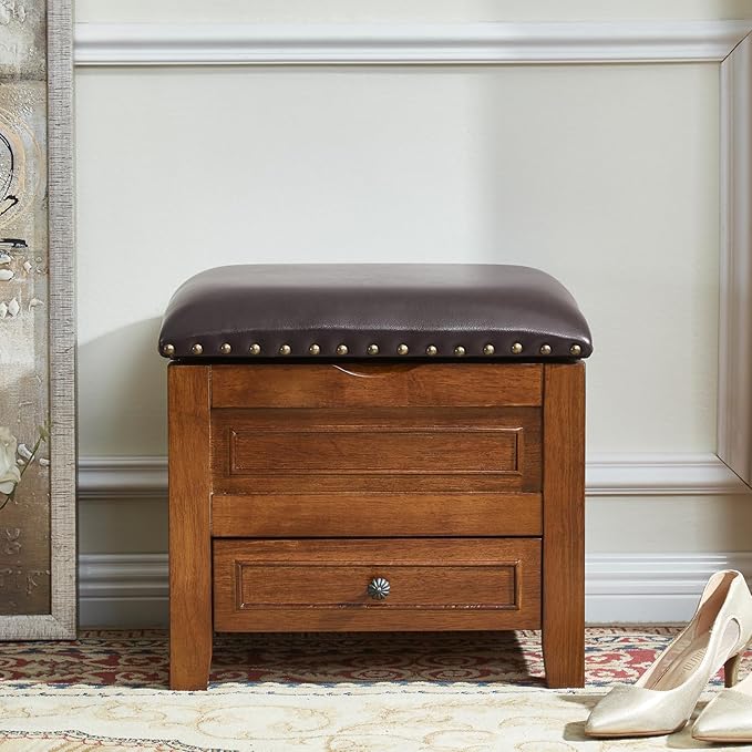 Storage Ottoman with Drawer, Microfiber Leather Padded Top Foot Rest Stool with Nailhead Trim for Bedroom Living Room