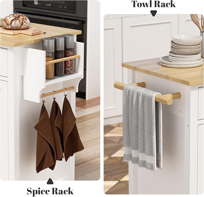 Rovibek Kitchen Island on Wheels Large in Rolling Island Wood Mobile Portable Kitchen Islands White with Drawers Cabinet Spice Rack Towel Rack Storage Pure White