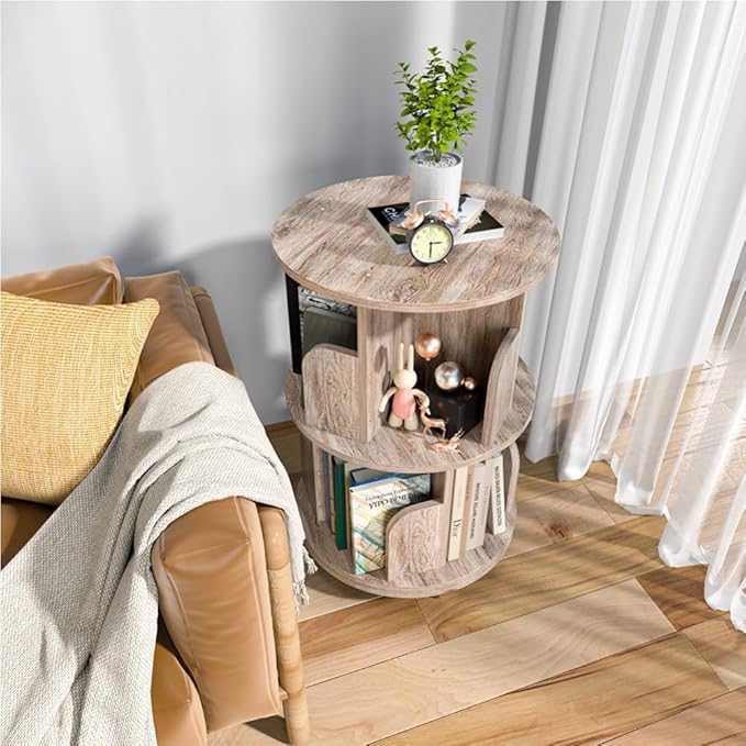 Nidouillet Small Rotating Bookshelf, 2 Tier Revolving Bookcase 360° Display Round Bookshelf Narrow Swivel Corner Book Shelf Standing Bookcase Adult Bedroom