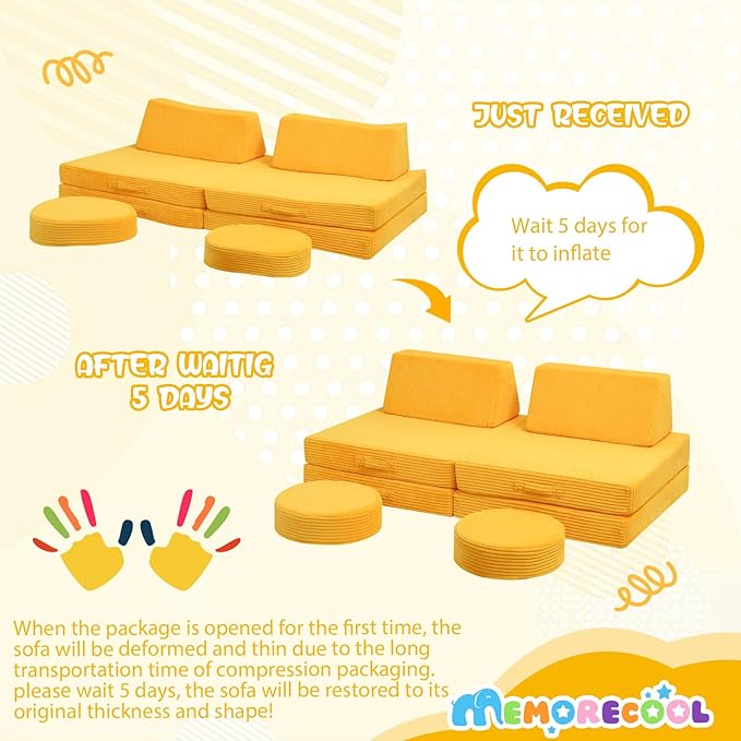 MeMoreCool Kids Couch for Playroom, Corduroy Convertible Toddler Couch, 8 Piece Modular Play Sofa, Foam Fort Building Set for Child Room Furniture, Yellow