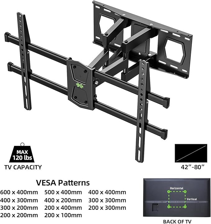 USX MOUNT Full Motion TV Wall Mount for 42-80 Inch TVs up to 120lbs, TV Bracket with Articulating Swivel Tilt Extension Leveling, Television Mount for Max VESA 600x400mm Fits 12/16" Wood Stud