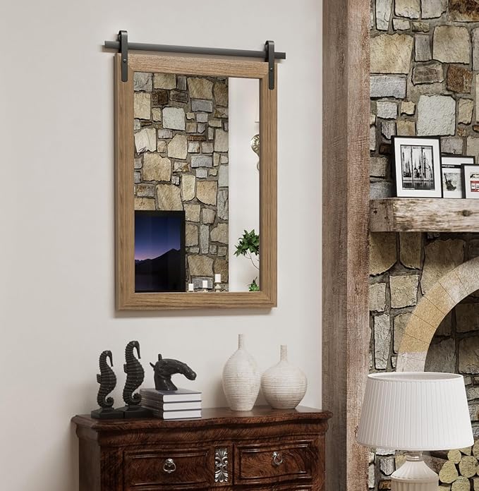 Farmhouse Wall Mirror, Rustic Wood Frame Bathroom Mirror Barn Door Inspired Decorative Vanity Dress Mirrors for Living Room Entryway, 24x36 INCH Brown