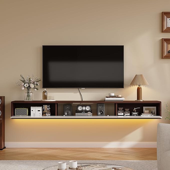 Floating TV Stand High Gloss,86'' Wall-Mounted TV Cabinet,Floating TV Console,Under TV Shelf with 3 Doors for Living Room Bedroom(Walnut+White)