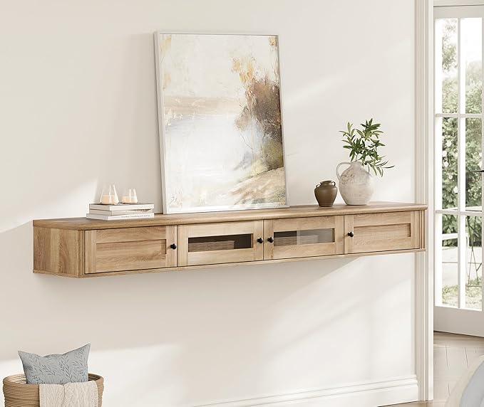 WAMPAT Floating TV Stand for TVs up to 80 Inch, Wooden Floating TV Shelf with Storage Cabinet, Modern Floating TV Shelf Entertainment Center for Living Room, Oak
