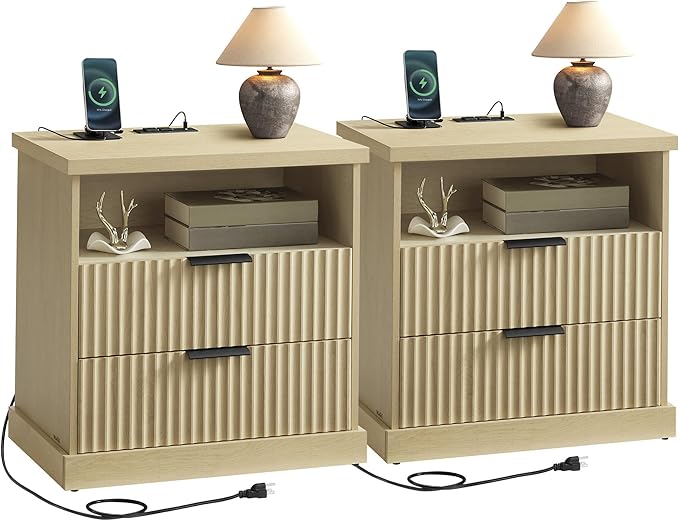 VASAGLE MAXE Collection - Set of 2 Nightstands with Charging Station, Bedside Table, Side End Table with 2 Drawers, Open Shelf, 2 AC Outlets, 2 USB Ports, Transitional, Bedroom, Oak Beige ULET926Y01