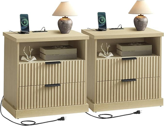 VASAGLE MAXE Collection - Set of 2 Nightstands with Charging Station, Bedside Table, Side End Table with 2 Drawers, Open Shelf, 2 AC Outlets, 2 USB Ports, Transitional, Bedroom, Oak Beige ULET926Y01