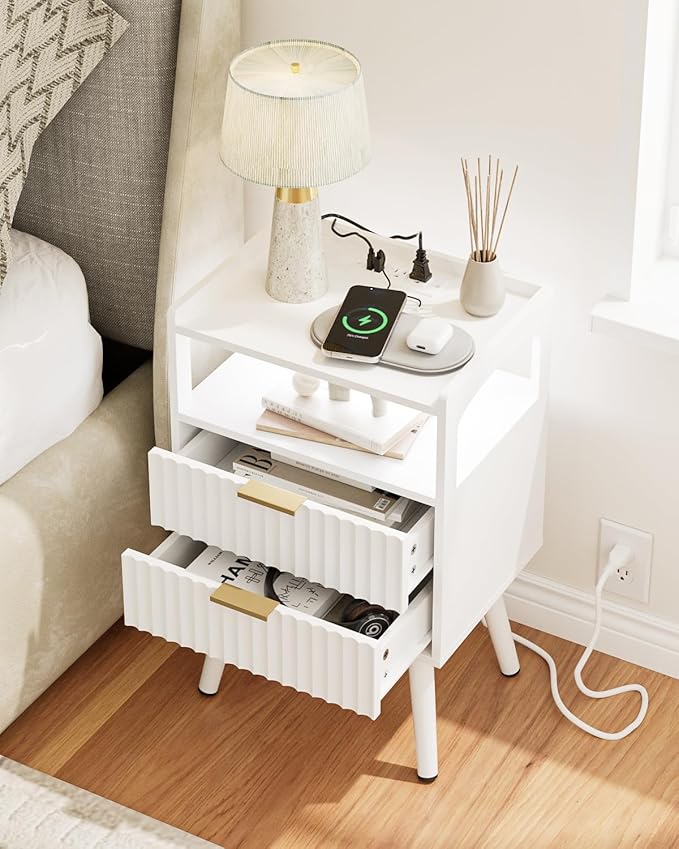 Nightstand with Charging Station and LED Lights,Modern Bedside Table with 2Drawer and Open Shelf,White Night Stand with Solid Wood Legs,End Table for Living Room、Bedroom and Small Spaces