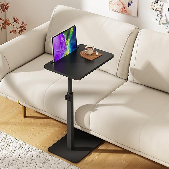 Forevich Bamboo Sofa Tray Table C Shaped Side End Table with Metal Base, Adjustable Height Swivel Snack Couch for Bed Small Spaces Living Room Black Table and Black Base