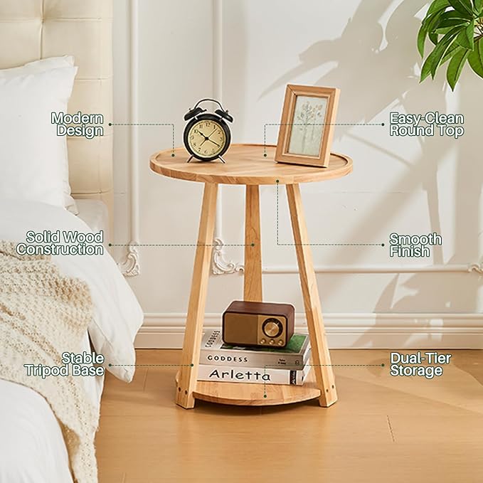 Round Solid Wood Side Table - Small Round Wooden End Table, Modern Living Room Side Beside Tables with Shelf for Couch Sofa Armchair Office Bedroom, Natural, 19.6 in x 19.6 in x 23.6 in