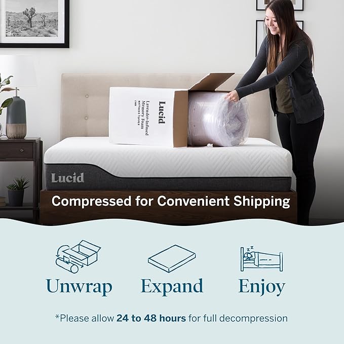 Lucid 4 Inch Lavender Infused Memory Foam Mattress Topper - Ventilated Design – Pressure Relieving Bed Topper - Mattress Pad – CertiPur Certified - Queen Size