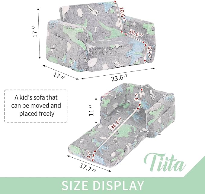 Tiita Kids Sofa, 2-in-1 Kid Chair, Convertible Toddler Couch to Lounger, Flip Out Baby Sofar, Toddler Armrest Chair Bed, Folding Kids Play Sofa for Girl or Boy(Dark Grey Dinosaur)