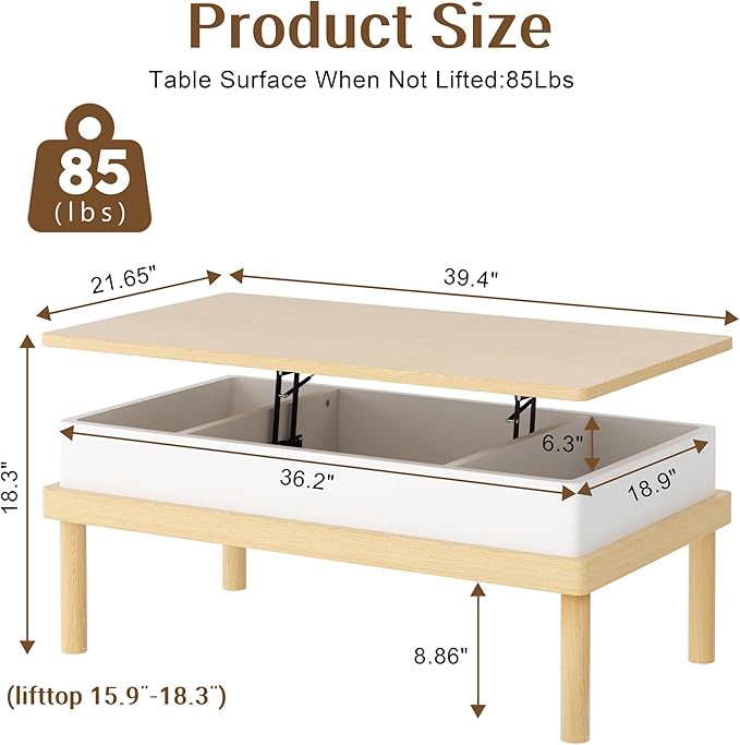 Shintenchi Coffee Table, Lift Top Coffee Table with Hidden Compartment, Rising Tabletop Dining Table, Lift Top Coffee Center Table for Living Room, Office, Home (Oak)