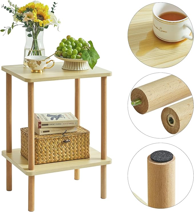 IBUYKE 2-Tier Side Table, Solid Wood Tall End Table with Storage Shelves, Nightstand Bedside Table for Living Room Bedroom Office, No-Tool Assembly, Light Natural UWST002S