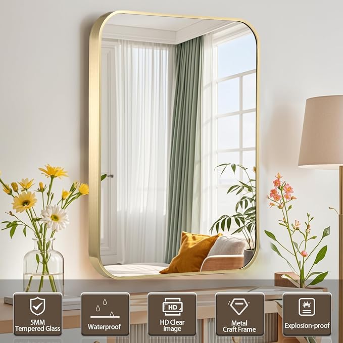 Gold Bathroom Mirror, 24x32 Inch Brushed Gold Mirror, Aluminum Alloy Framed Rectangle Bathroom Mirror for Over Sink, Anti-Rust Wall Mirror (Horizontally or Vertically)