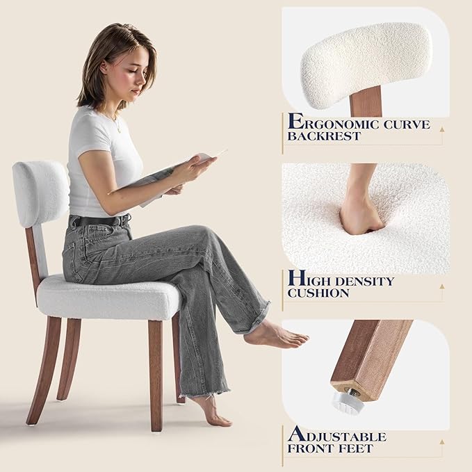 Mid-Century Dining Chair Set of 4, Upholstered Sherpa Seats with Ergonomic Curved Back and Adjustable Legs for Dining Room, Bedroom, Kitchen, White Sherpa