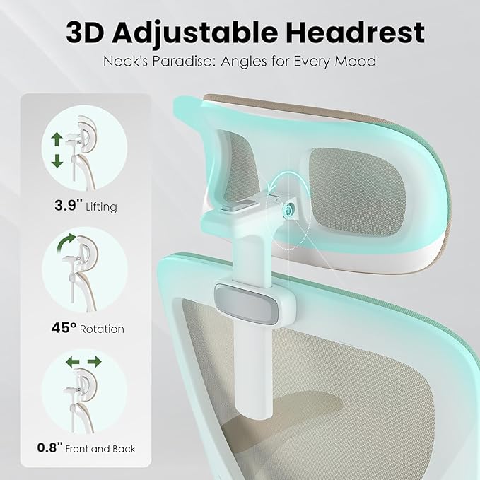 Ergonomic Office Chair, Comfy Home Office Chair High Back Computer Chair with Headrest, Adjustable Back Support, Flip-Up Arms, 90-120° Tilt and Wide Cushion, Up to 300lbs, Khaki+White