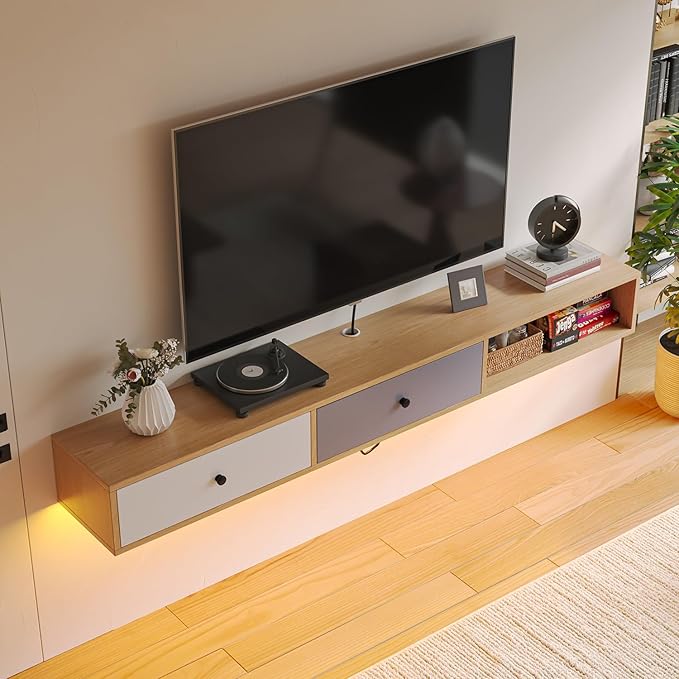 Modern Floating TV Stand with Doors, 55‘’ Wall Mounted Media Console Cabinet Under TV Shelf for Living Room Bedroom, Natural