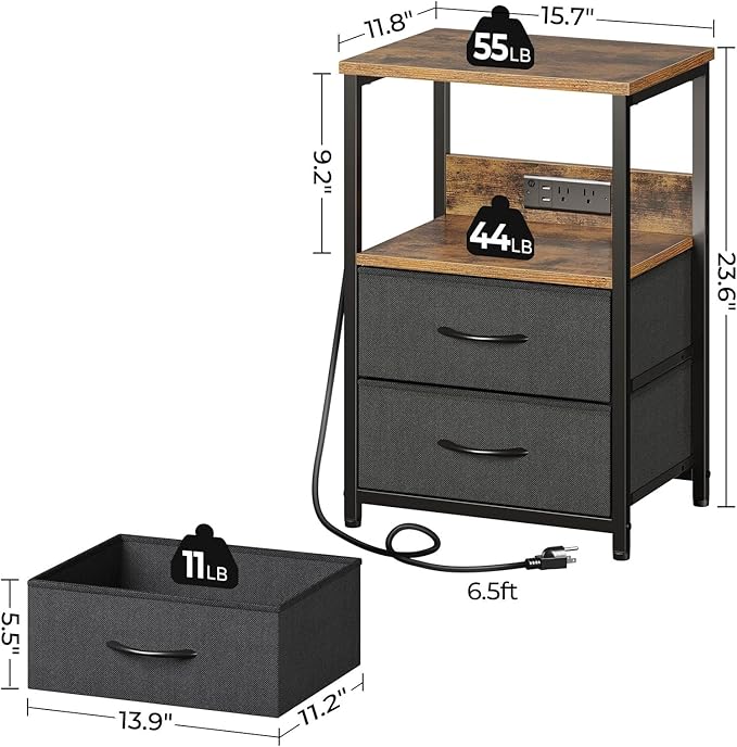Seventable Nightstand Set of 2 with Charging Station, Bedside Table with LED Lights, Night Stand with 2 Fabric Drawers, 3-Tier Storage End Table for Bedroom, Rustic Brown
