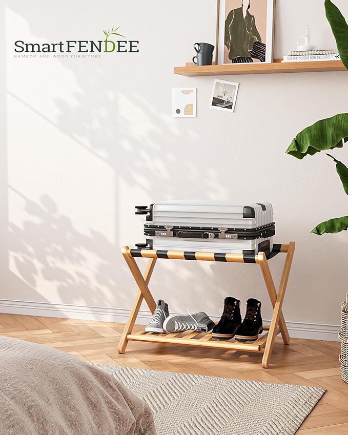 Fully Assembled Luggage Racks Pack of 2, Folding Suitcase Stand with Storage Shelf, Bamboo Luggage Stand with 5 Nylon Straps for Guest Room, Bedroom, Heavy Duty, Natural