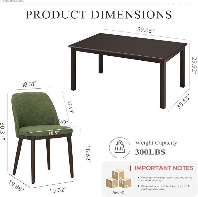 COLAMY 60 Inch Rectangular Kitchen Dining Table for 4, Modern Farmhouse Dining Table Set for 4, Wood Dining Table and Upholstered Dining Chairs for Kitchen, Dining Room, Restaurant, Brown/Green