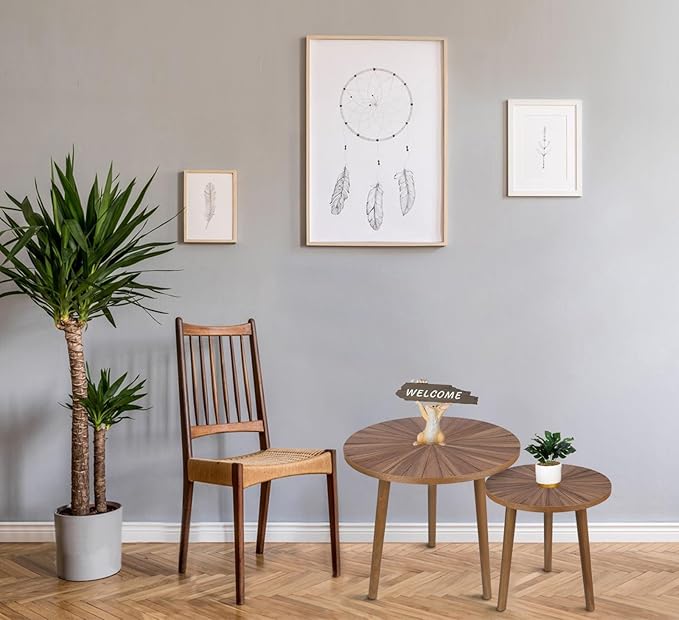 Round Coffee Table Set of 2, Mid Century Modern Coffee Table, Small Farmhouse Coffee Table, Wood Nightstand Bedside Table, Boho Side Table End Tables for Living Room Bedroom Office Balcony