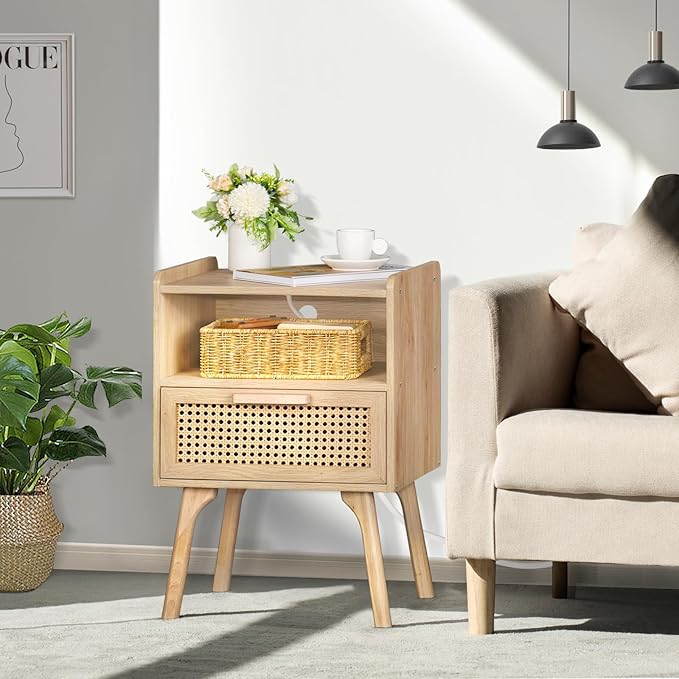 Lerliuo Rattan Nightstands Set of 2 with Charging Station, Boho Side Table with Drawer Open Shelf, Cane Accent Bedside End Table with Solid Wood Legs for Bedroom, Dorm and Small Spaces (Natural)