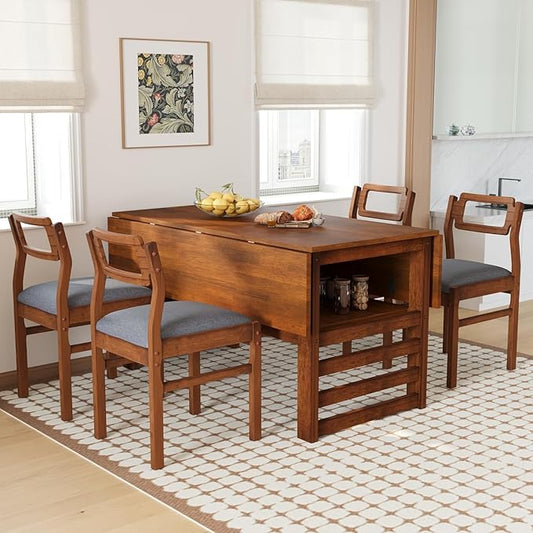 Drop Leaf Dining Table with Chairs Set of 4, 5-Piece Farmhouse Rectangular Dining Room Table with 4 Upholstered Solid Wood Chairs, Extendable Kitchen Tables for Small Place, Brown Rubber Wood