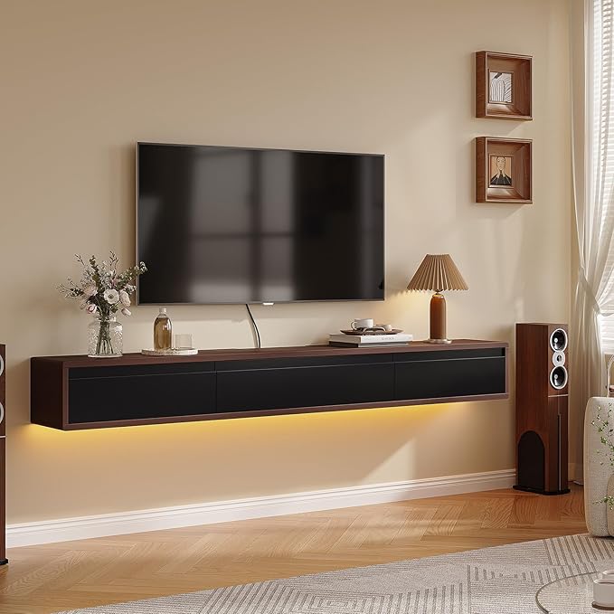 Floating TV Stand Matte Finish, 55'' Wall-Mounted TV Cabinet,Floating TV Console,Under TV Shelf with 3 Doors for Living Room Bedroom(Walnut+Black)