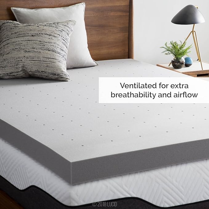 Lucid 4 Inch Bamboo Infused Memory Foam Mattress Topper - Queen Size – Cooling Ventilation – Pressure Relieving Bed Topper - Mattress Pad – CertiPur Certified